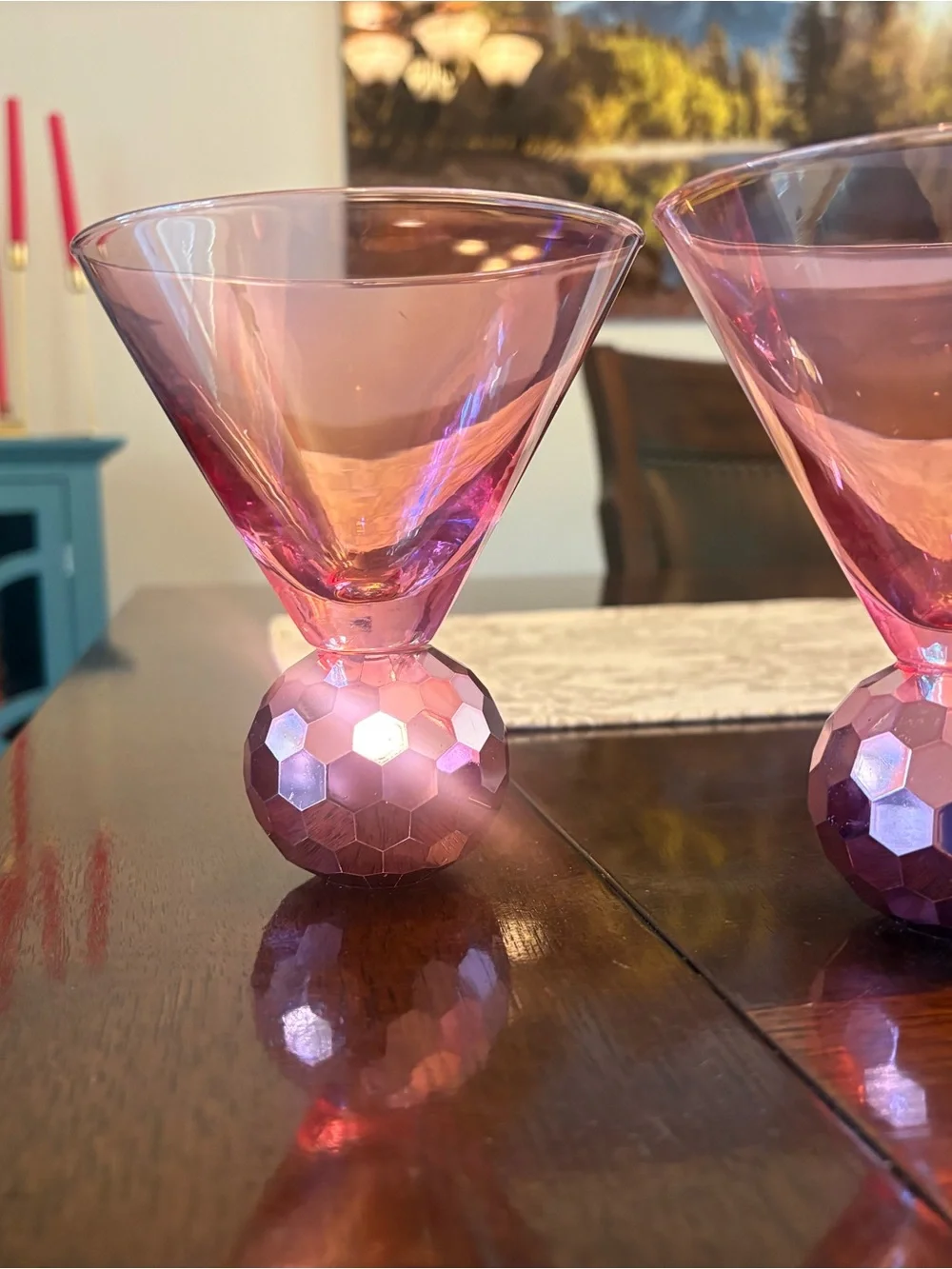 Pink Iridescent Martini Glasses with Faceted Ball Base - Set of 2